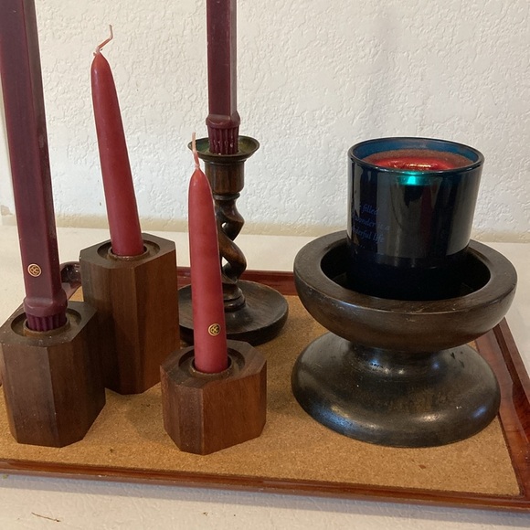 Set/5 Dark Candle Holders 3 Dark Walnut Stacking, 2 Hand Turned Candles decor - Picture 6 of 16